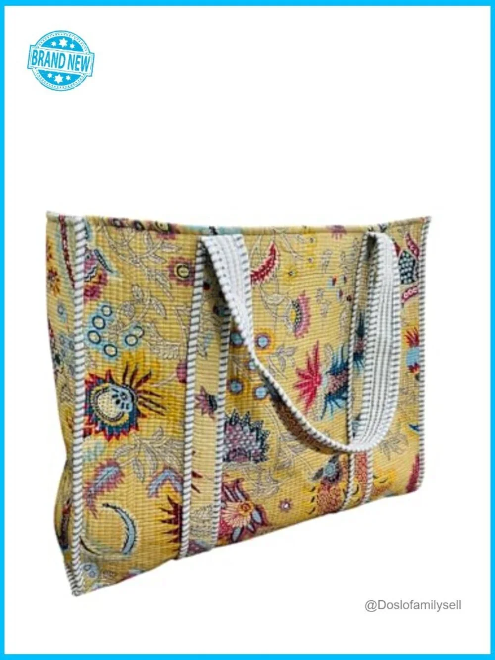 Floral Quilted Cotton Shoulder Tote Bag Handblock Printed Open Top Shopping Tote